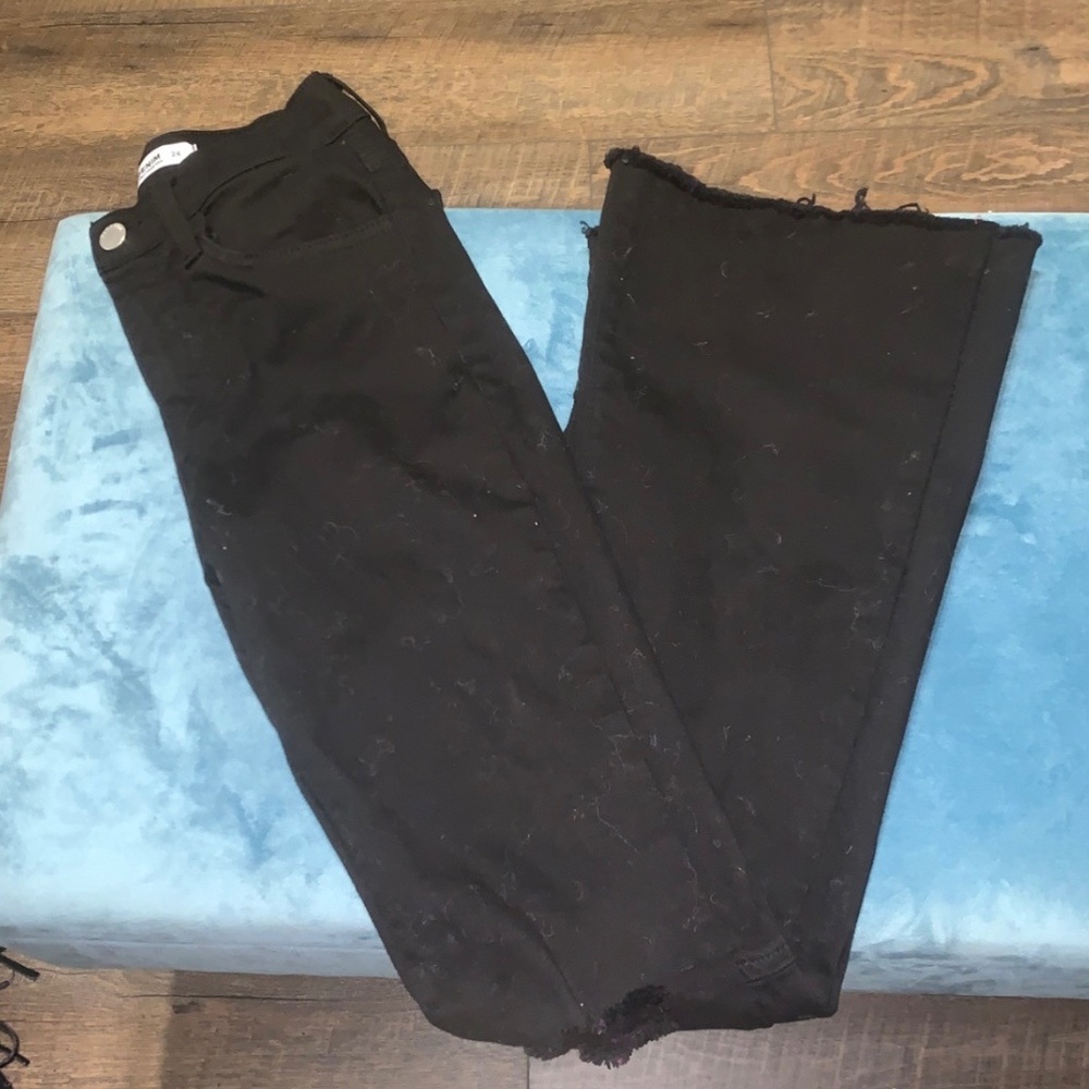 Black Distressed Highrise O2 Denim Flare Jean